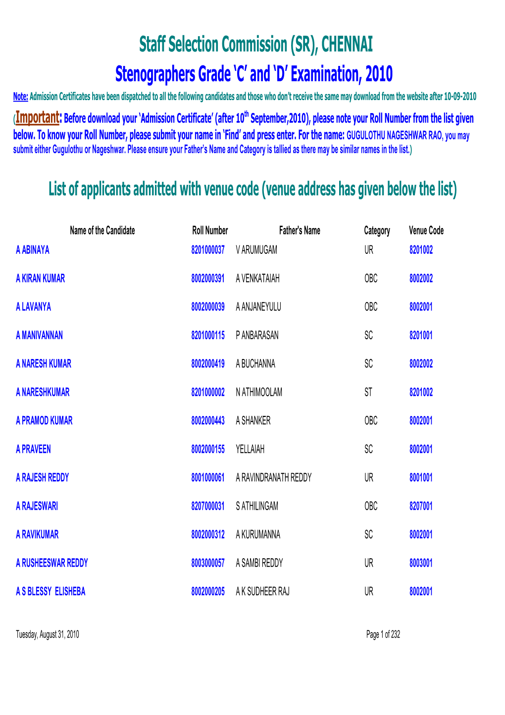 CHENNAI Stenographers Grade 'C' and 'D' Examination, 2010