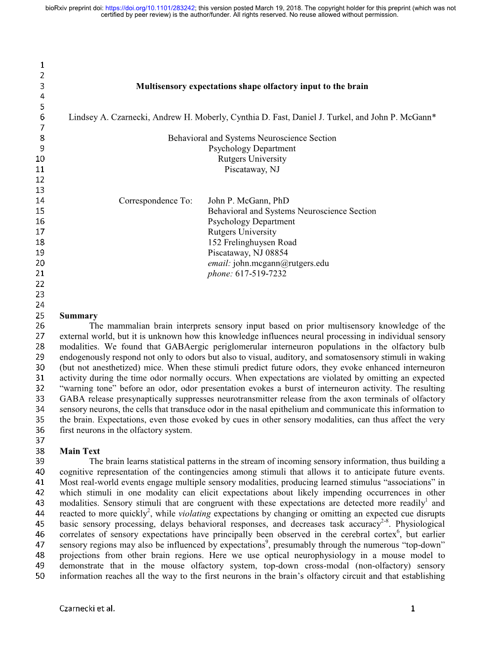 Multisensory Expectations Shape Olfactory Input to the Brain 4 5 6 Lindsey A