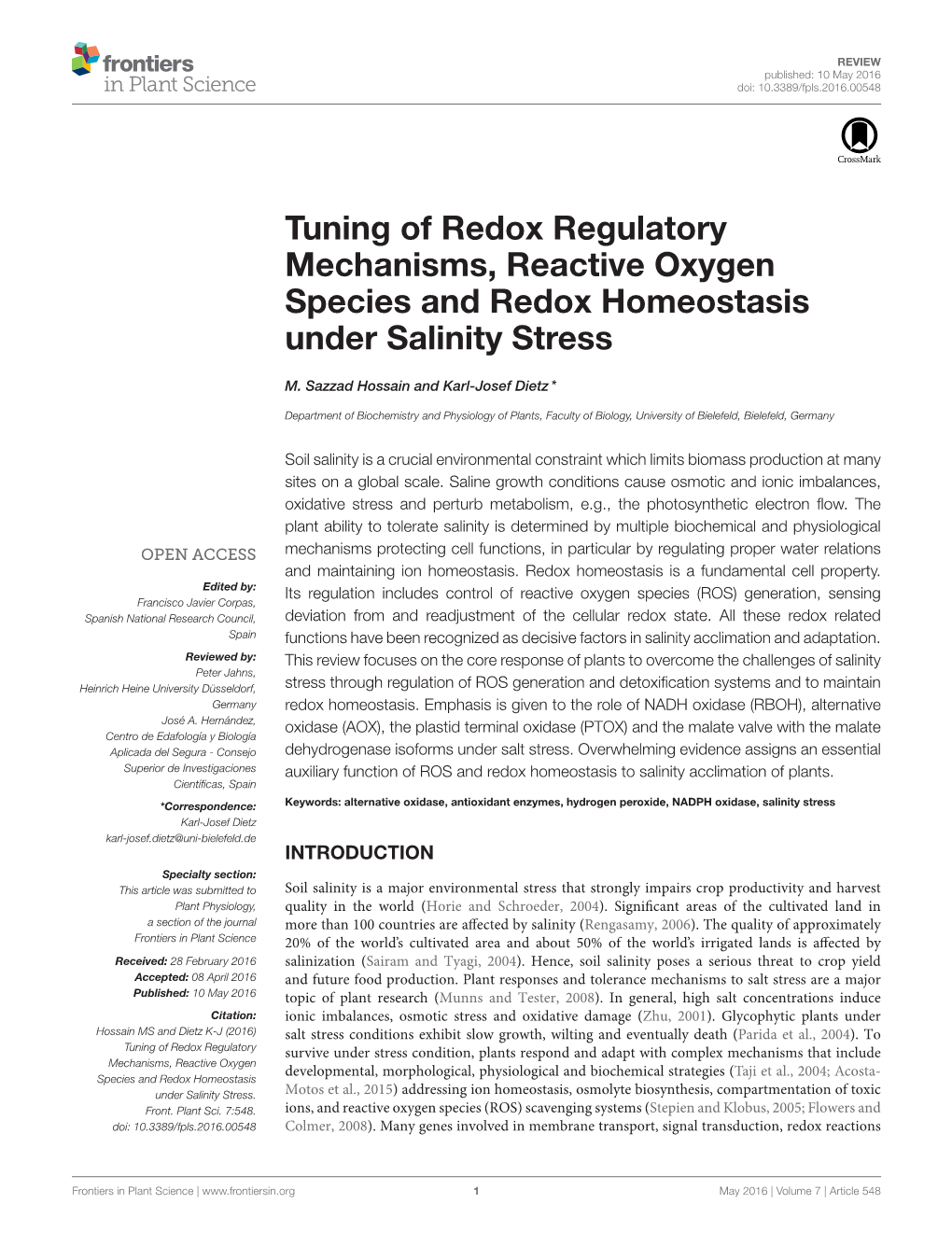 Tuning of Redox Regulatory Mechanisms, Reactive Oxygen Species and Redox Homeostasis Under Salinity Stress