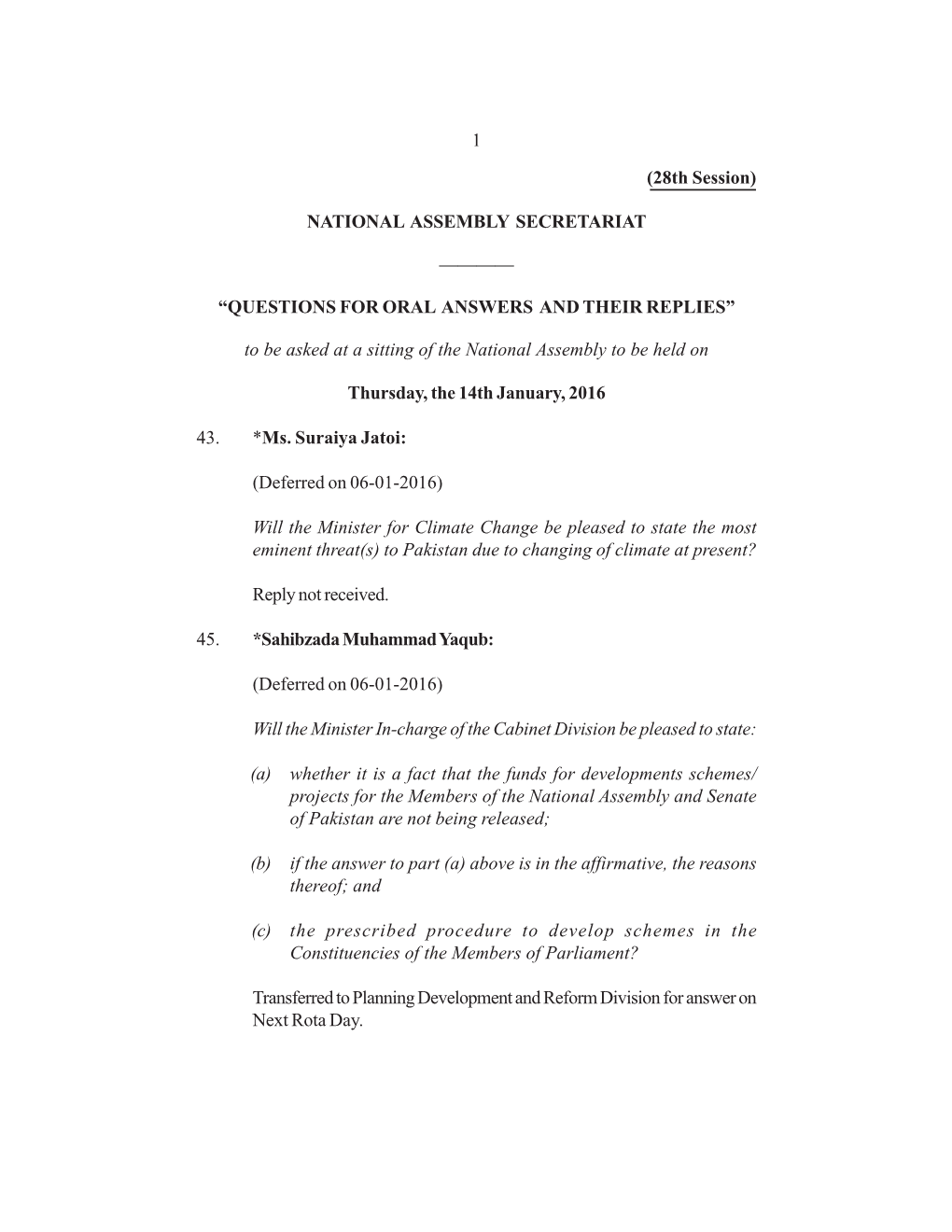 1 (28Th Session) NATIONAL ASSEMBLY SECRETARIAT ———— “QUESTIONS for ORAL ANSWERS and THEIR REPLIES” to Be Asked A