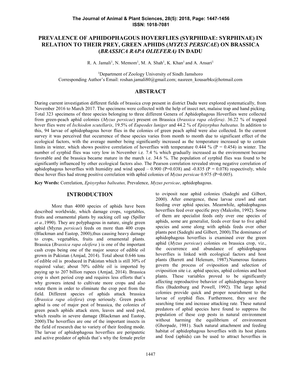 Prevalence of Aphidophagous Hoverflies (Syrphidae: Syrphinae) in Relation to Their Prey, Green Aphids (Myzus Persicae) on Brassica (Brassica Rapa Oliefera) in Dadu