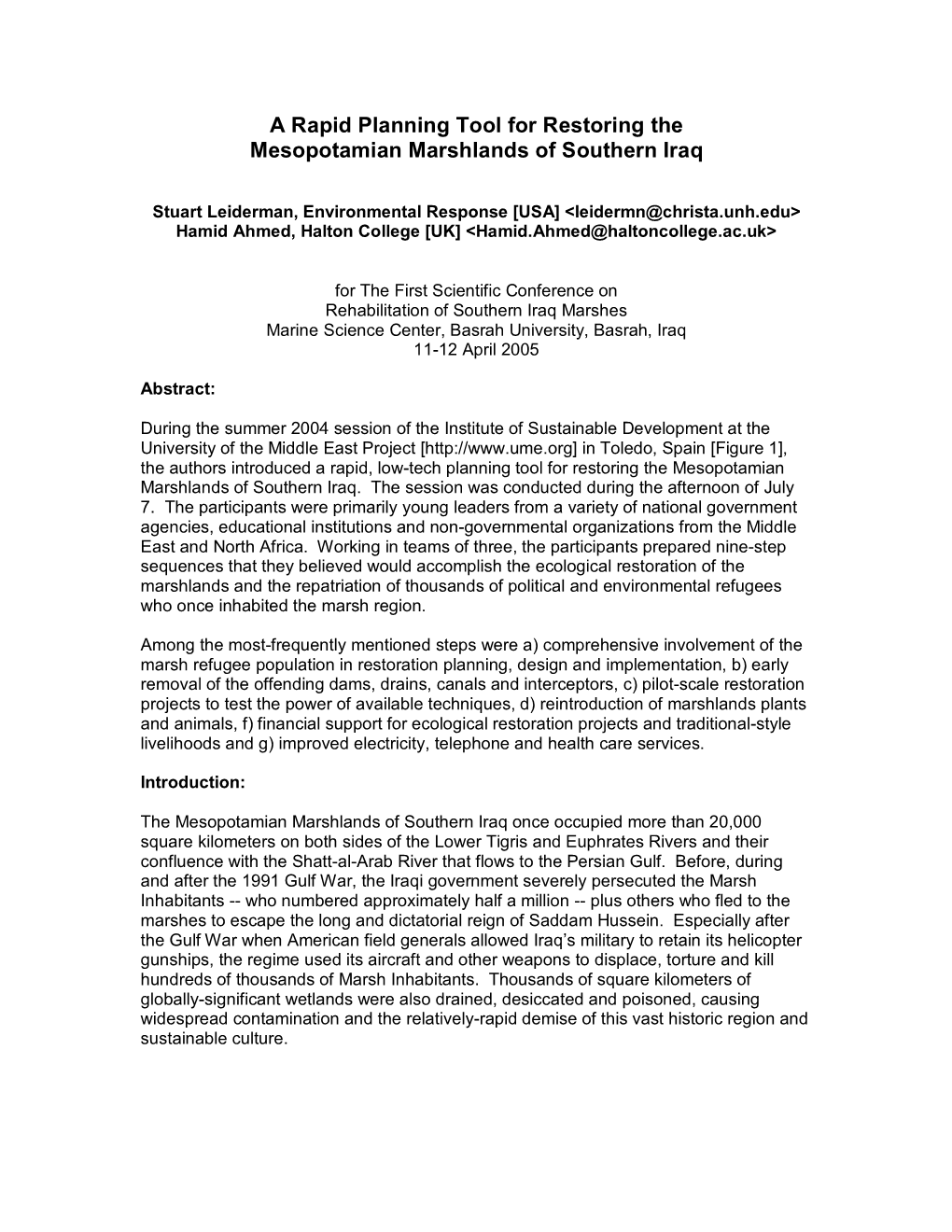 A Rapid Planning Tool for Restoring the Mesopotamian Marshlands of Southern Iraq