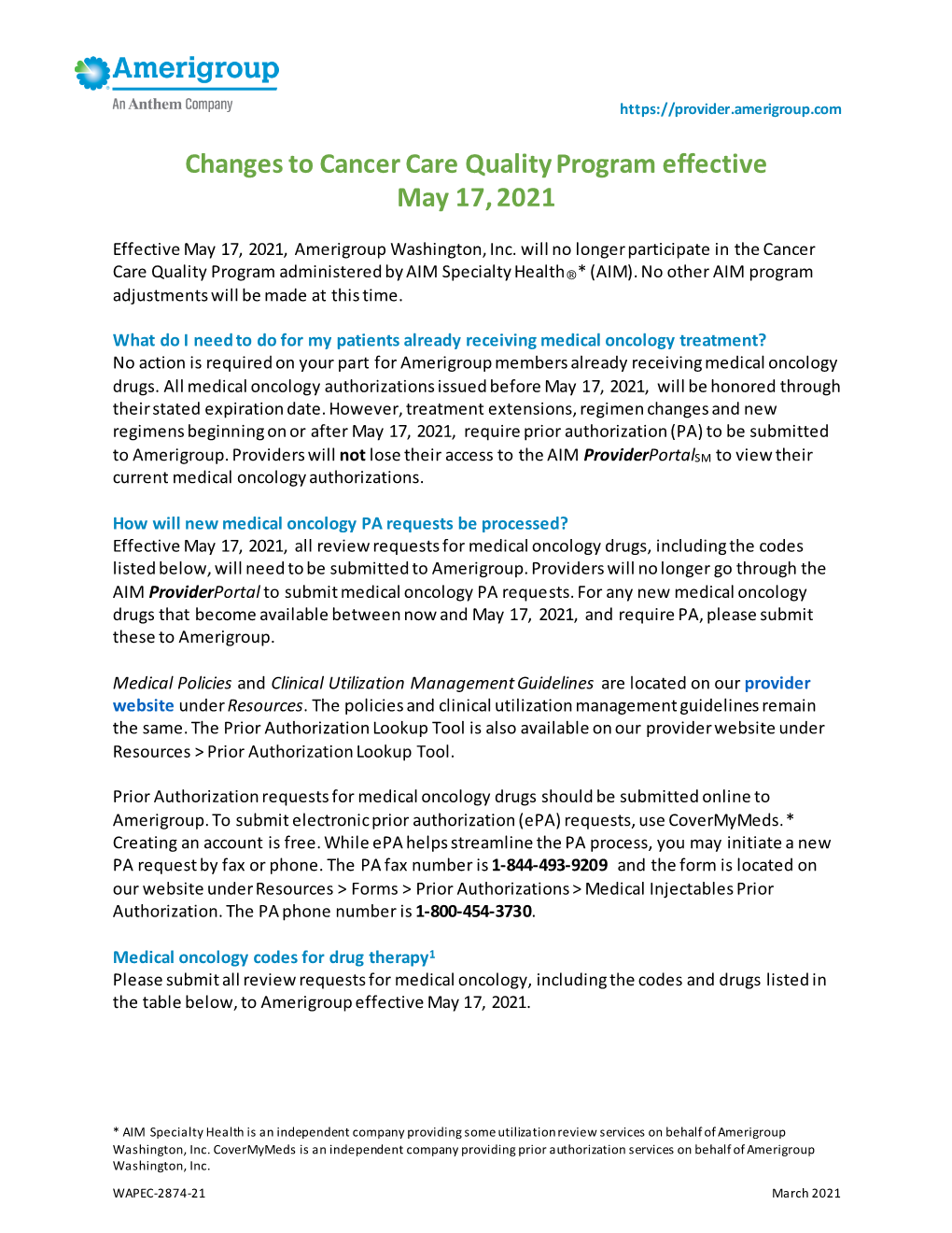 Changes to Cancer Care Quality Program Effective May 17, 2021