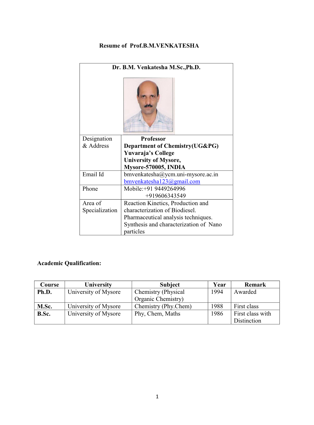 Resume of Prof.B.M.VENKATESHA Dr. B.M