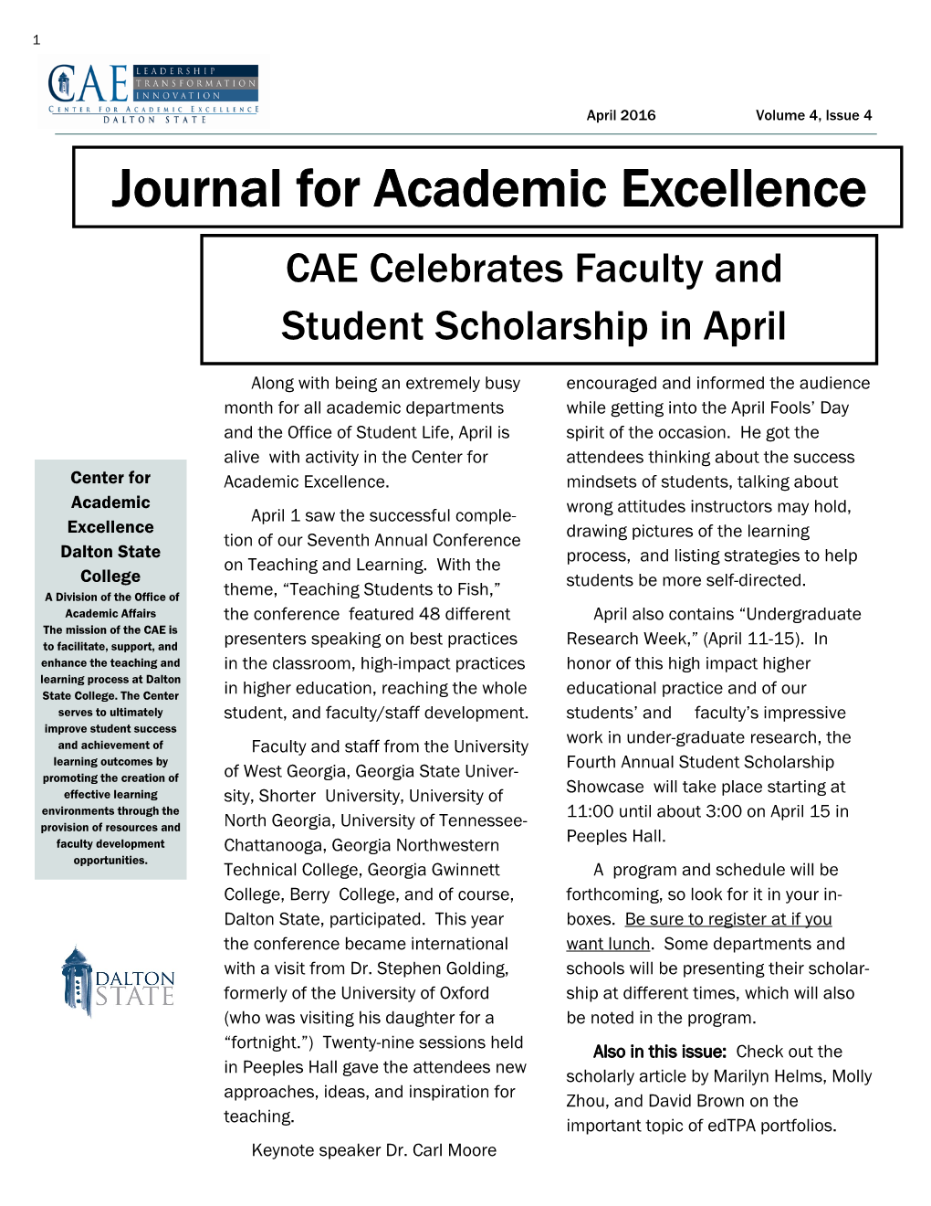 Journal for Academic Excellence CAE Celebrates Faculty and Student Scholarship in April