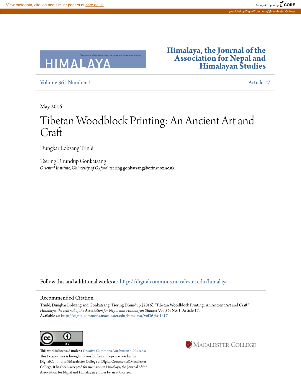 Tibetan Woodblock Printing: an Ancient Art and Craft Dungkar Lobzang Trinlé