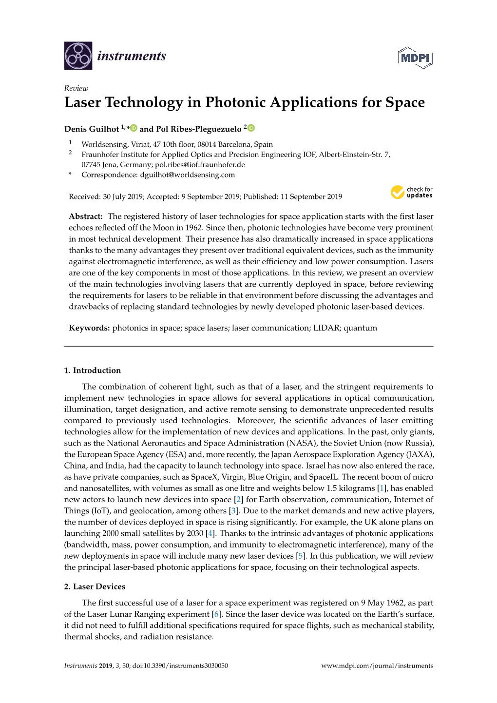 Laser Technology in Photonic Applications for Space