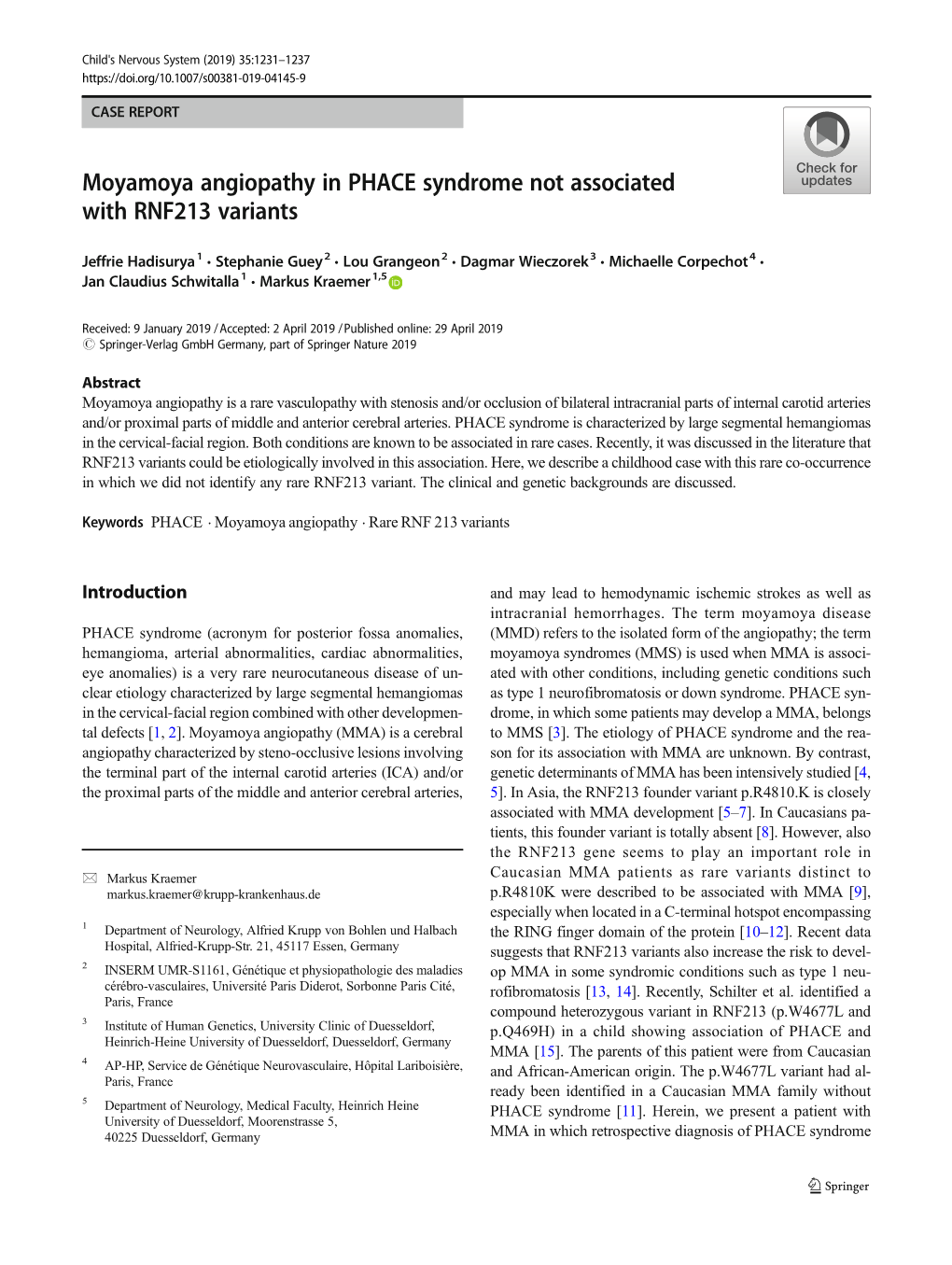 Moyamoya Angiopathy in PHACE Syndrome Not Associated with RNF213 Variants