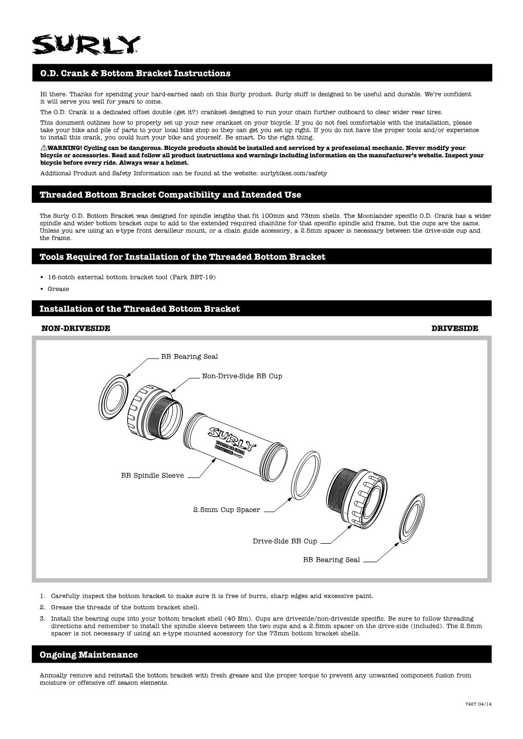 O.D. Crank & Bottom Bracket Instructions Tools Required For