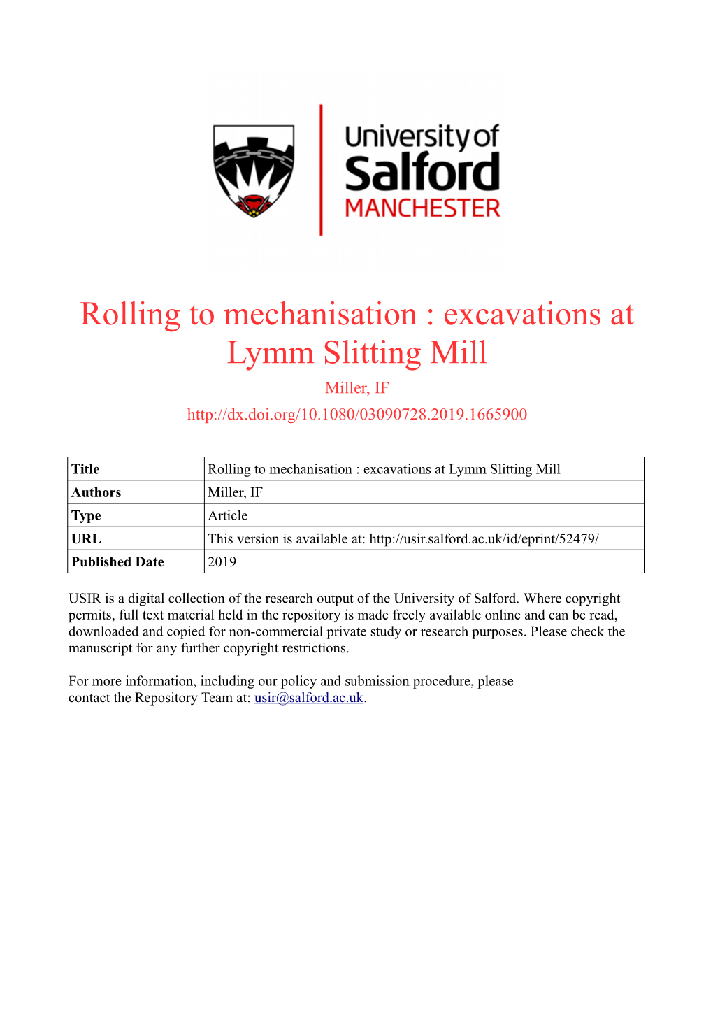 Rolling to Mechanisation : Excavations at Lymm Slitting Mill Miller, IF