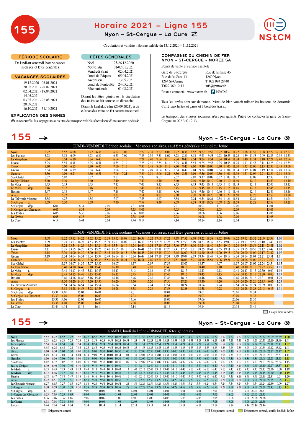 Horaire 2021 – Ligne 155 155 Nyon – St-Cergue – La Cure