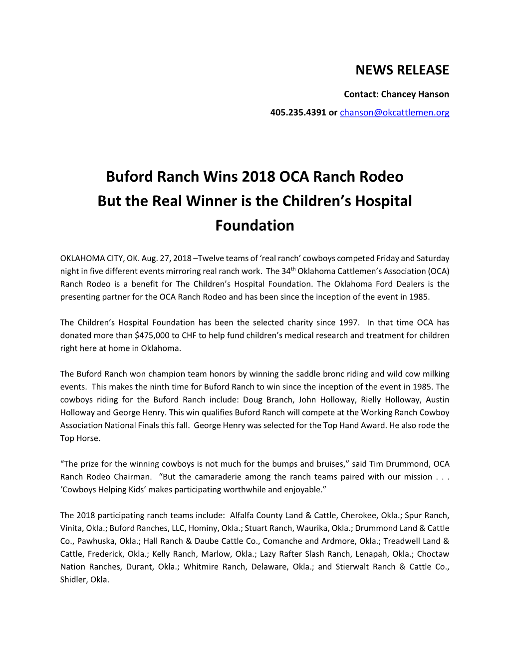 Buford Ranch Wins 2018 OCA Ranch Rodeo but the Real Winner Is the Children's Hospital Foundation