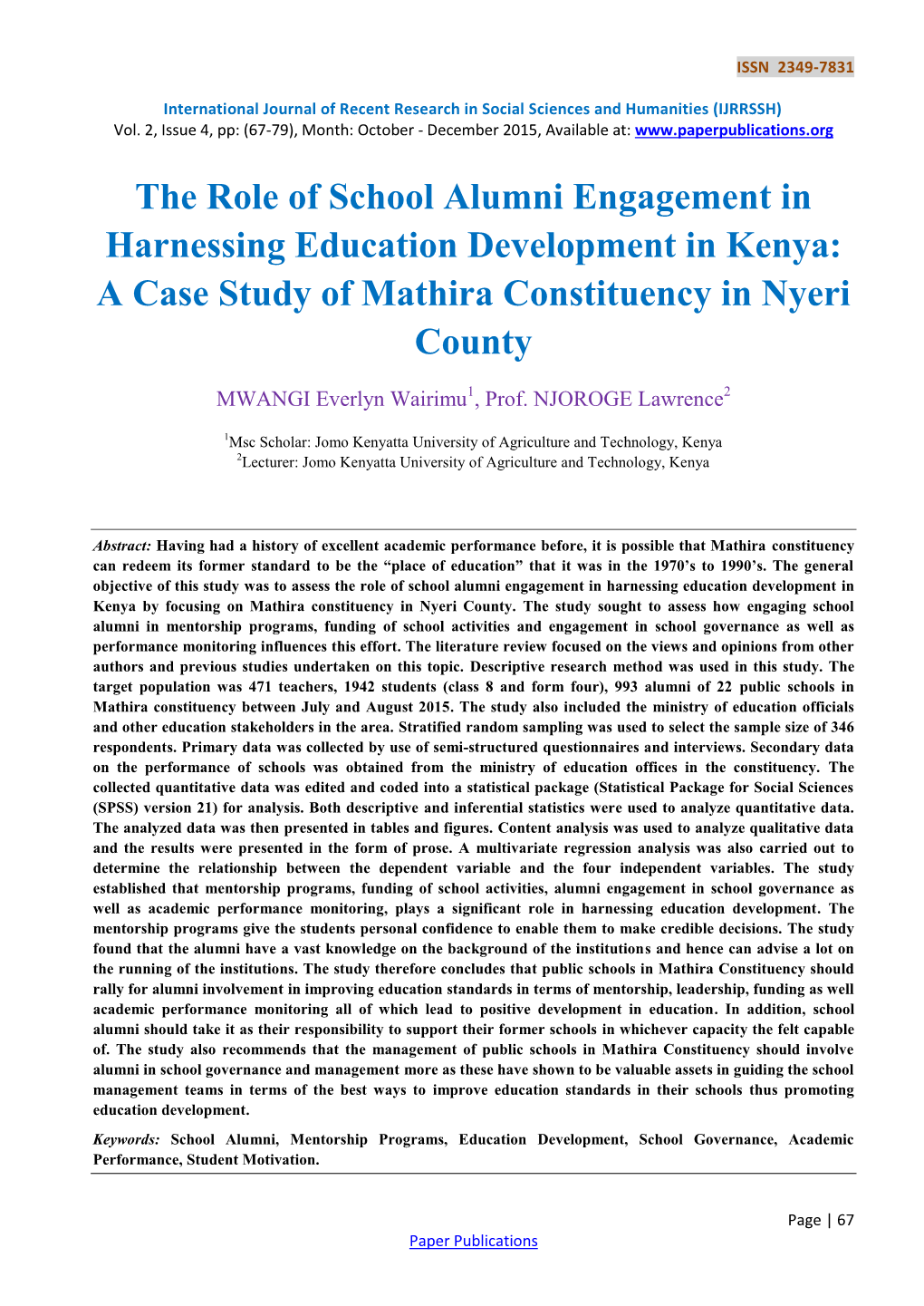 The Role of School Alumni Engagement in Harnessing Education Development in Kenya: a Case Study of Mathira Constituency in Nyeri County