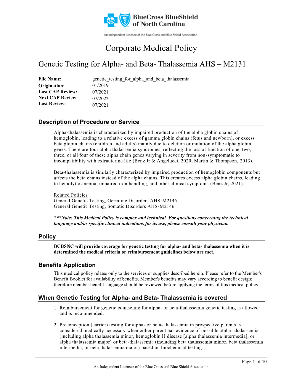 Genetic Testing for Alpha- and Beta- Thalassemia AHS – M2131