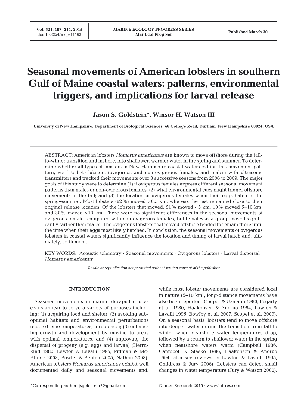 Seasonal Movements of American Lobsters in Southern Gulf of Maine Coastal Waters: Patterns, Environmental Triggers, and Implications for Larval Release