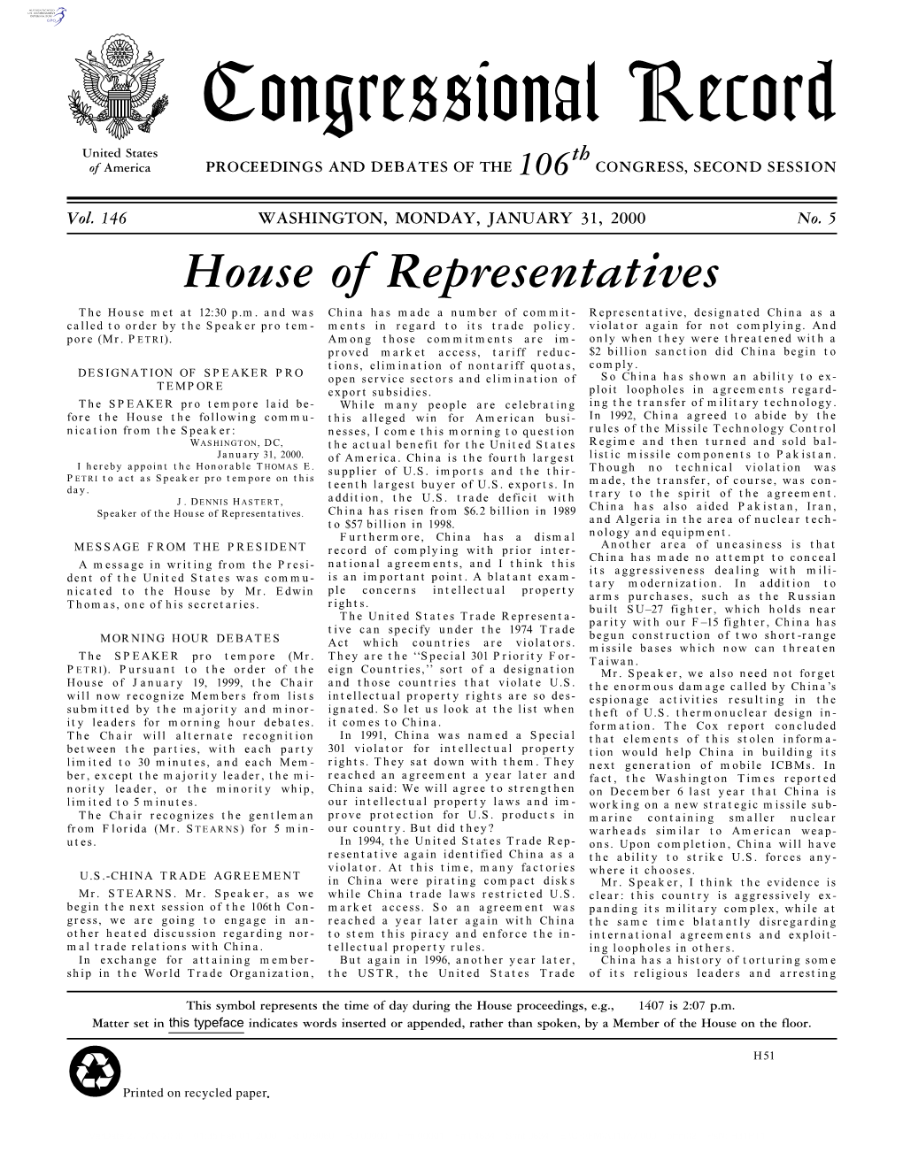 Congressional Record United States Th of America PROCEEDINGS and DEBATES of the 106 CONGRESS, SECOND SESSION