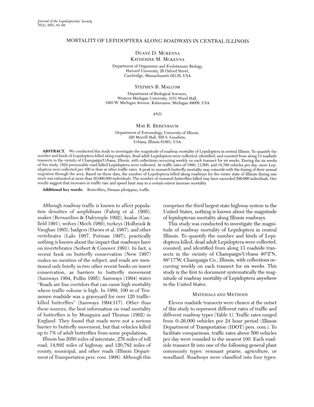 Mortality of Lepidoptera Along Roadways in Central Illinois