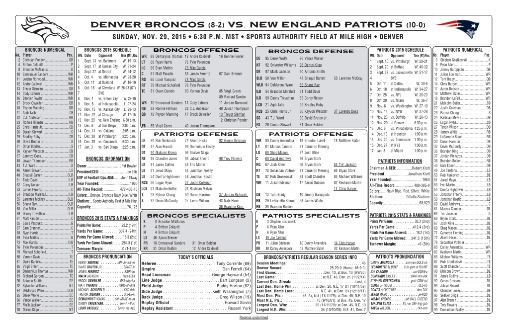 (8-2) VS. New England PATRIOTS (10-0) SUNDAY, NOV