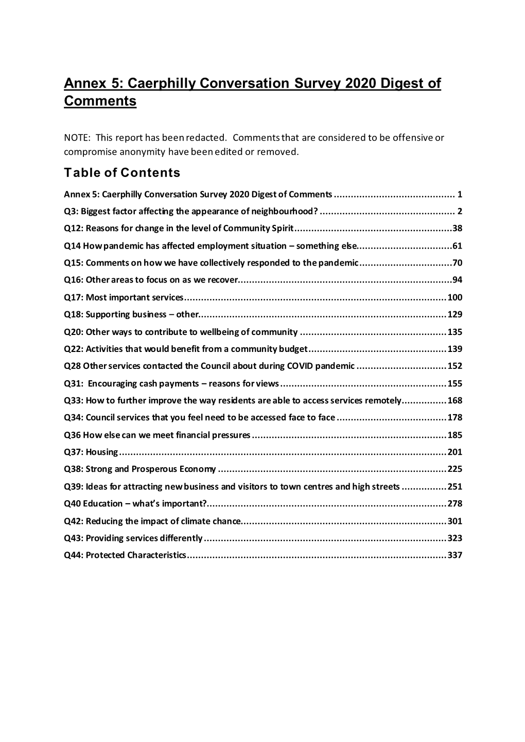 Annex 5: Caerphilly Conversation Survey 2020 Digest of Comments