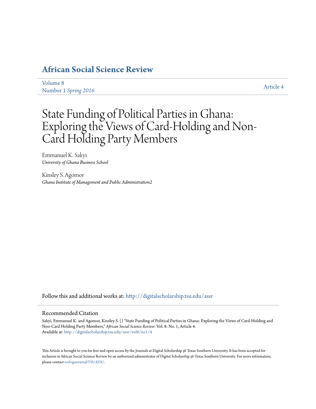 State Funding of Political Parties in Ghana: Exploring the Views of Card-Holding and Non- Card Holding Party Members Emmanuel K