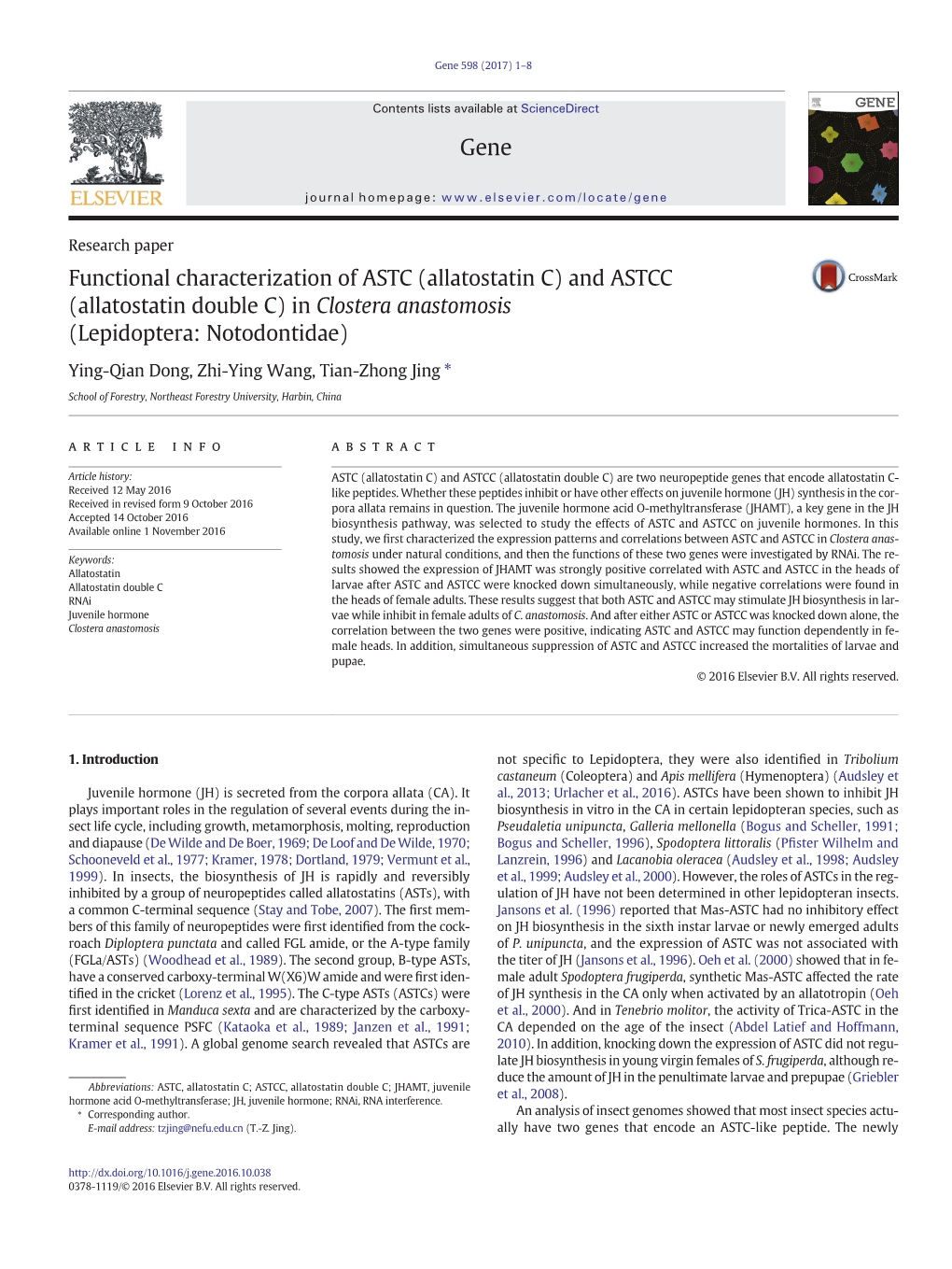 And ASTCC (Allatostatin Double C) in Clostera Anastomosis (Lepidoptera: Notodontidae)