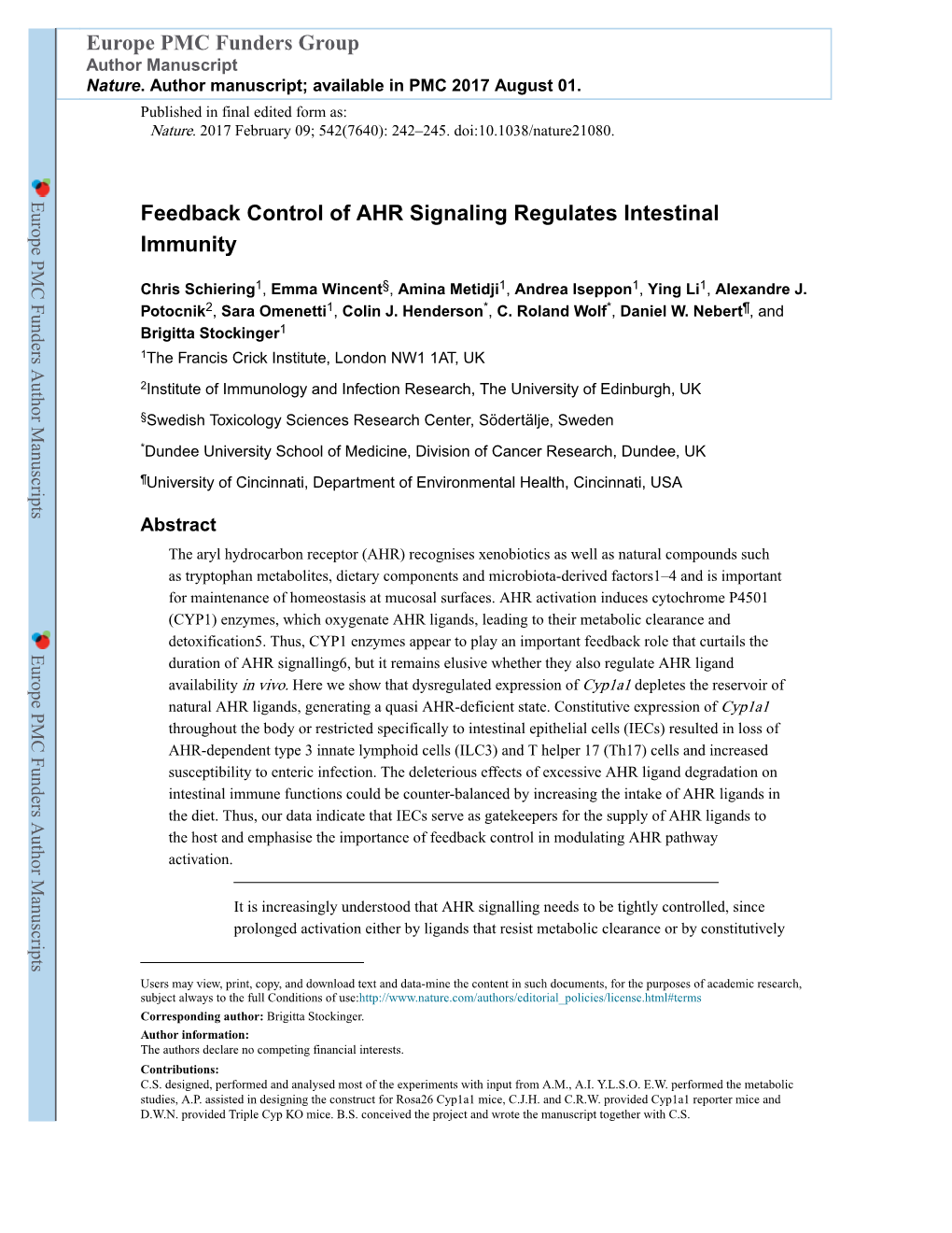 Feedback Control of AHR Signaling Regulates Intestinal Immunity