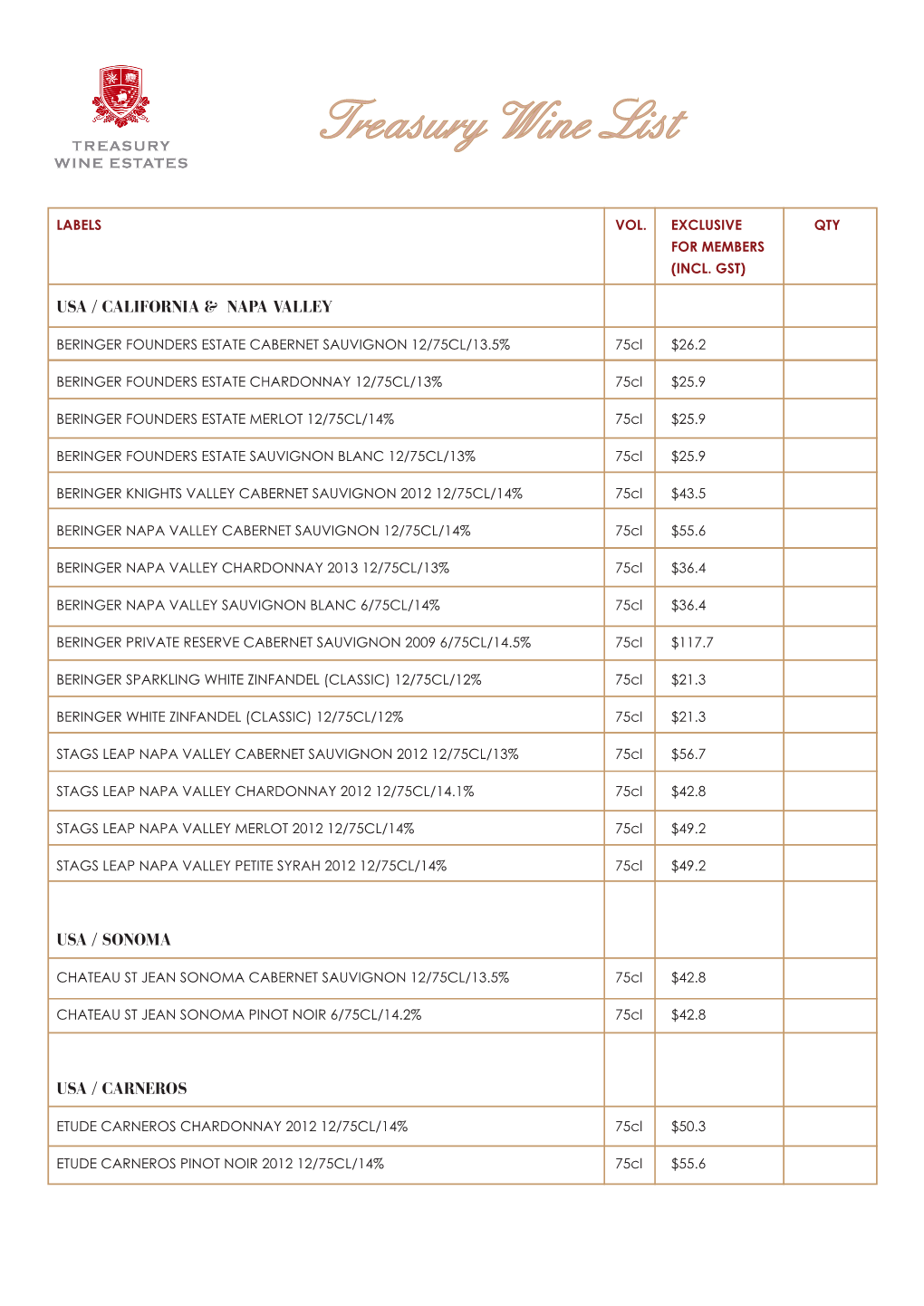 Treasury Wine List