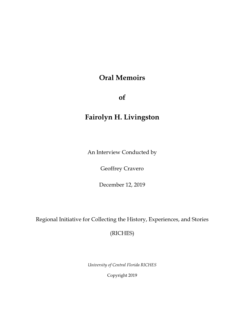 Oral Memoirs of Fairolyn H. Livingston