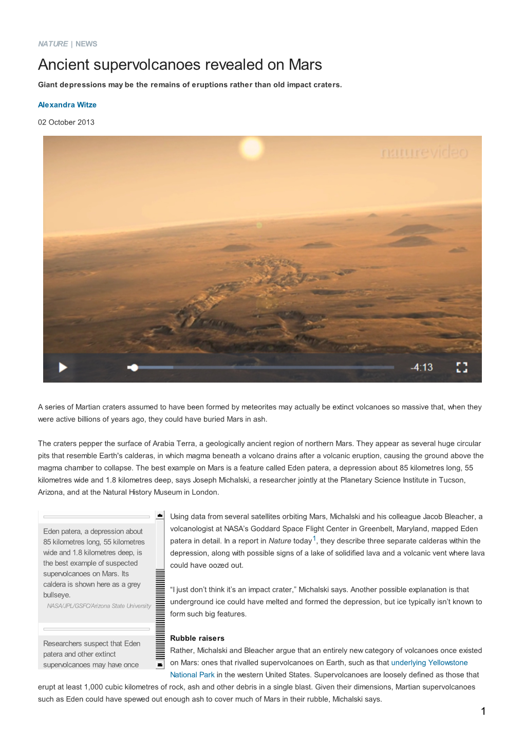 Ancient Supervolcanoes Revealed on Mars Giant Depressions May Be the Remains of Eruptions Rather Than Old Impact Craters