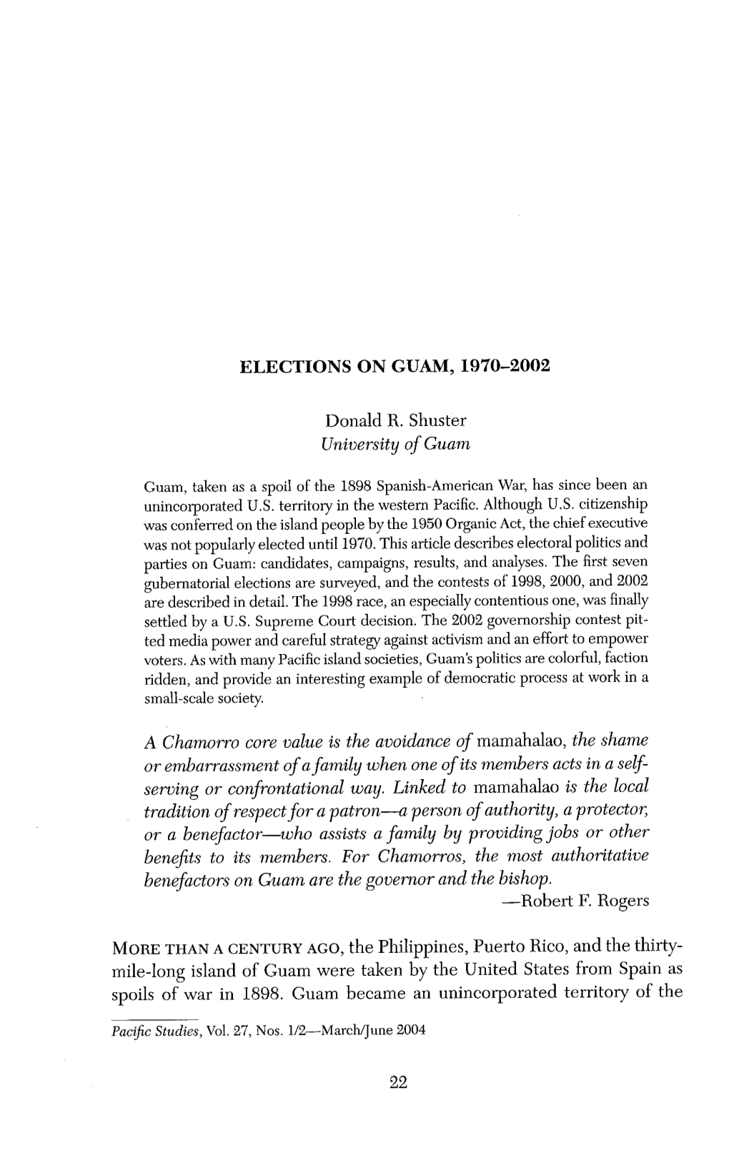 ELECTIONS on GUAM, 1970-2002 University of Guam a Chamorro