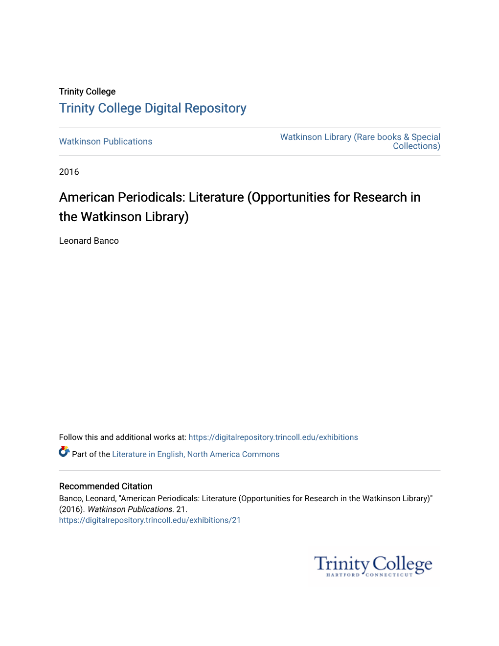 American Periodicals: Literature (Opportunities for Research in the Watkinson Library)