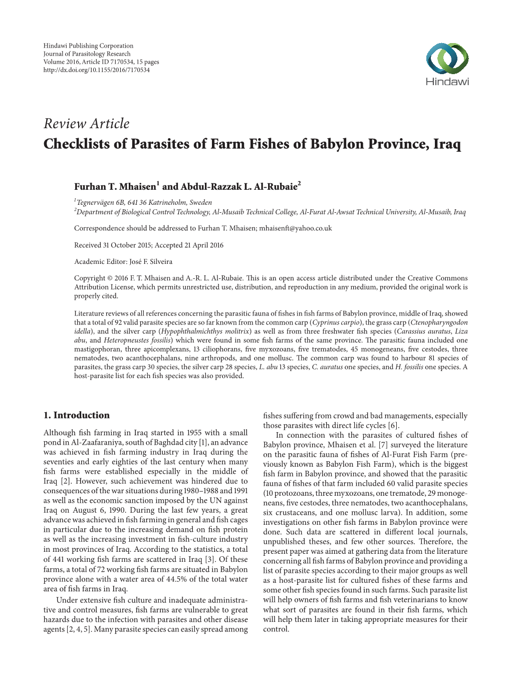 Checklists of Parasites of Farm Fishes of Babylon Province, Iraq