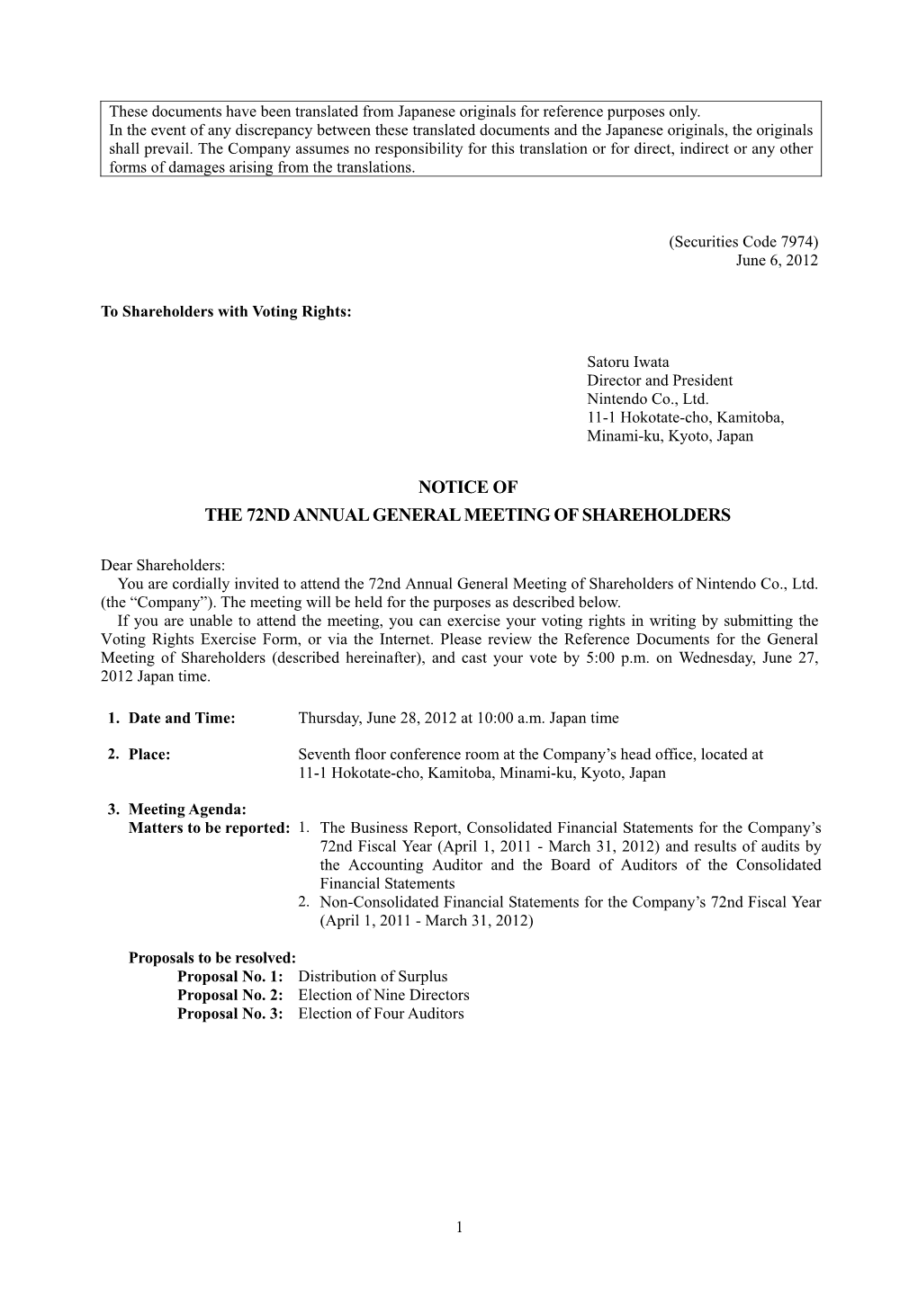 Notice of the 72Nd Annual General Meeting of Shareholders