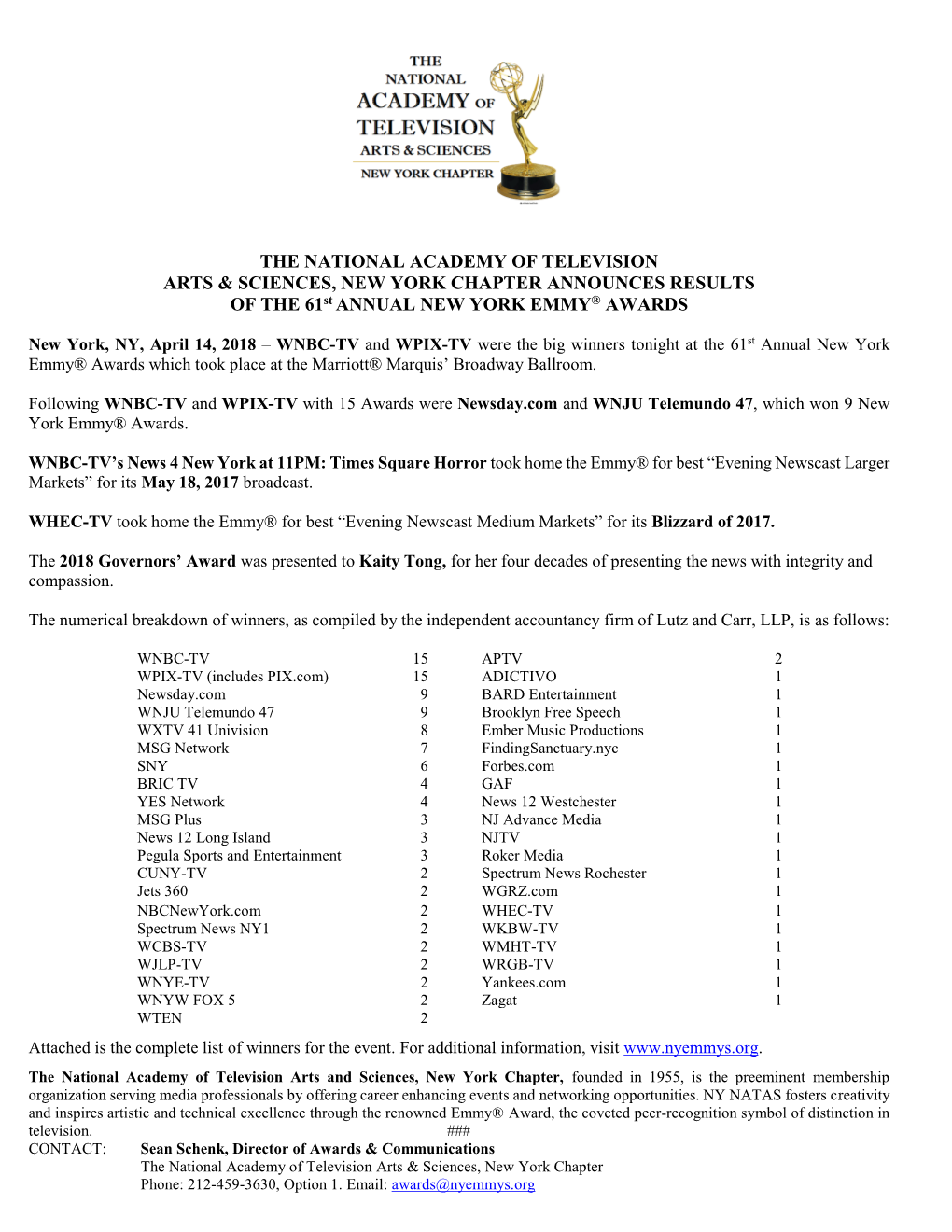 The 61St Annual New York Emmy® Award Winners