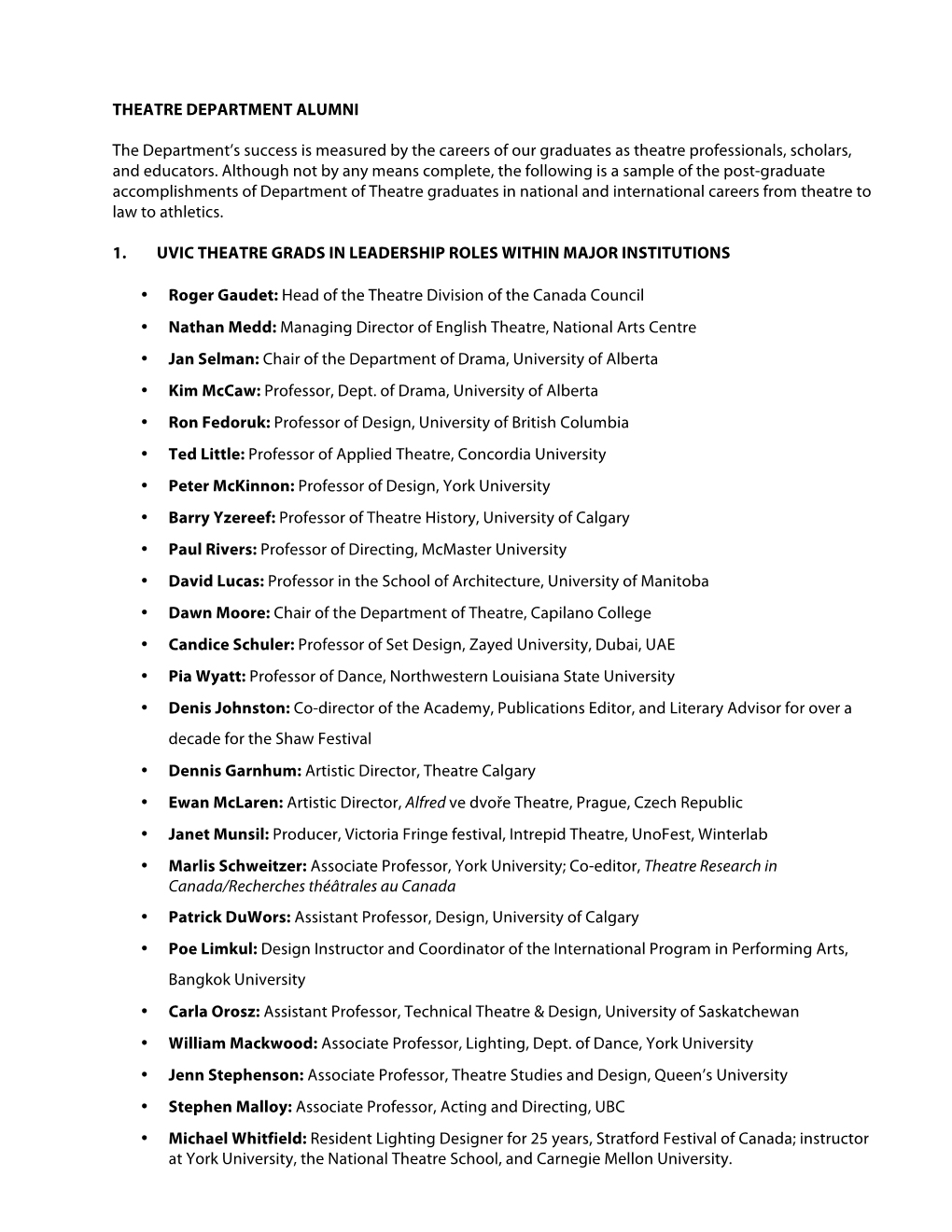 List of Accomplished Uvic Theatre Alumni