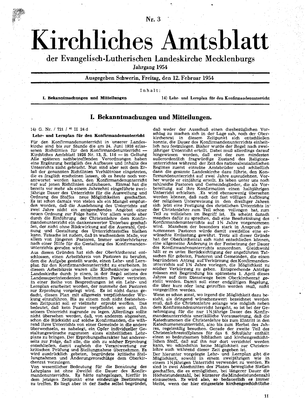 Kirchliches Amtsblatt Der Evangellsch-Lutherischen Landeskirche Mecklenburgs Jahrgang 1954 Ausgegeben Schwerin, Freitag, Den 12