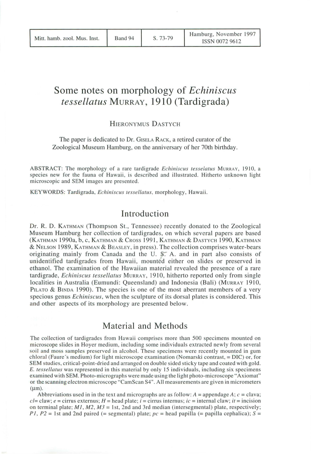 Some Notes on Morphology of Echiniscus Tessellatus MURRAY, 1910 (Tardigrada)