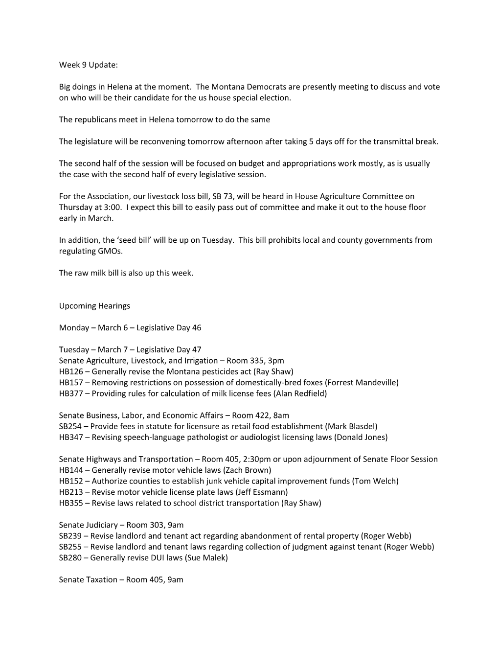 Week 9 Update: Big Doings in Helena at the Moment. the Montana Democrats Are Presently Meeting to Discuss and Vote on Who Will