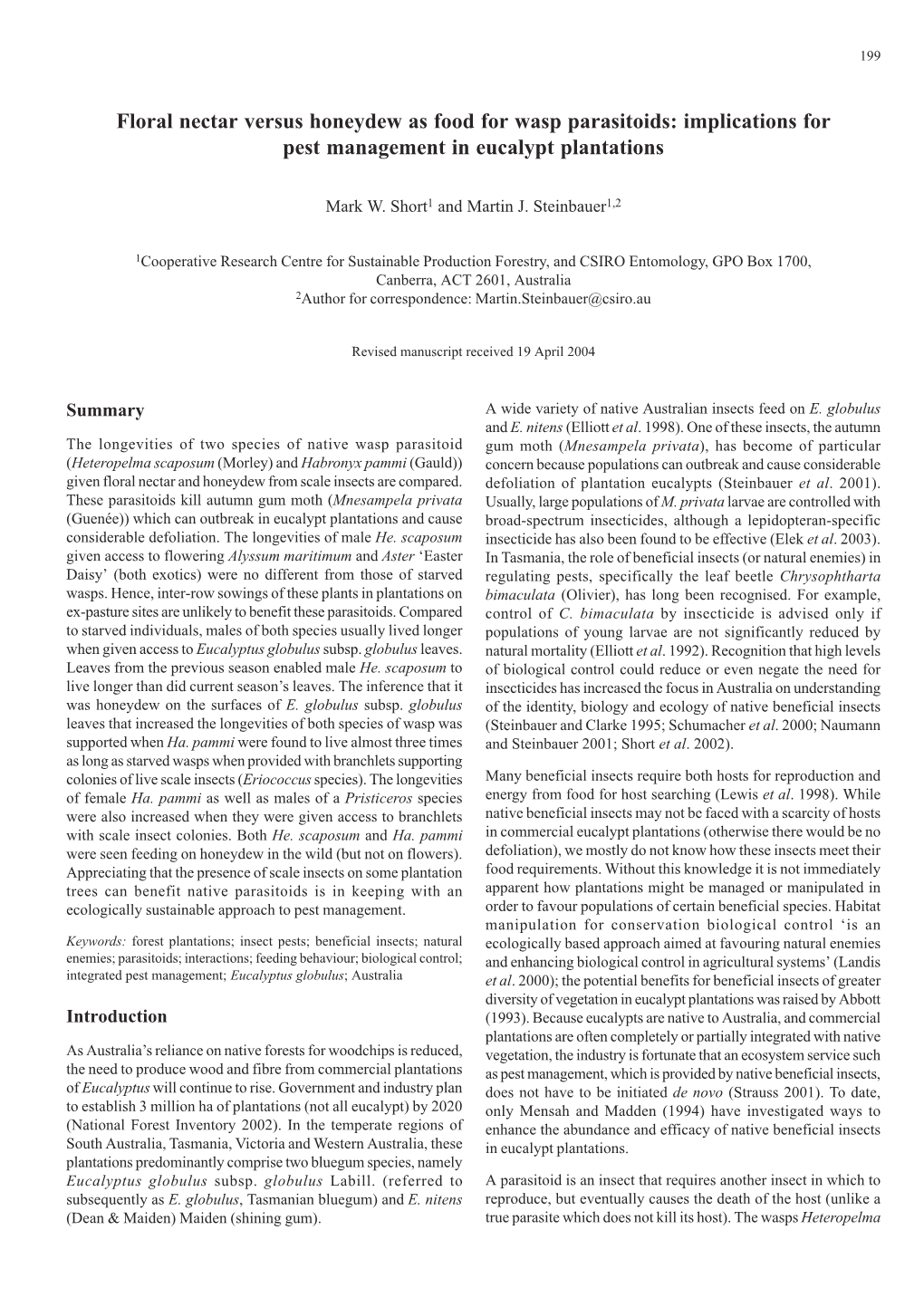 Floral Nectar Versus Honeydew As Food for Wasp Parasitoids: Implications for Pest Management in Eucalypt Plantations