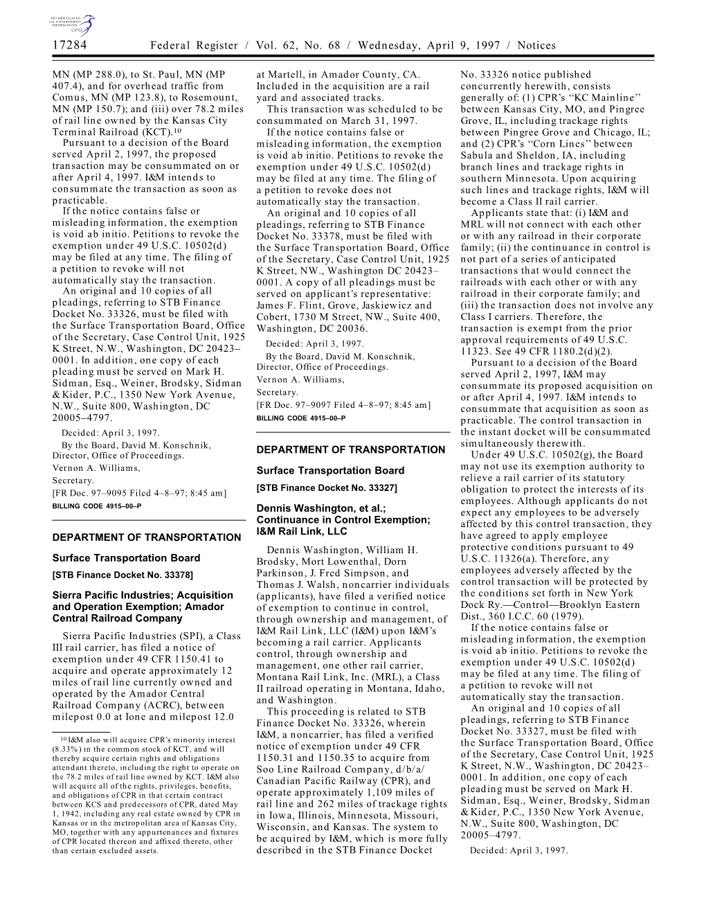 Federal Register / Vol. 62, No. 68 / Wednesday, April 9, 1997 / Notices