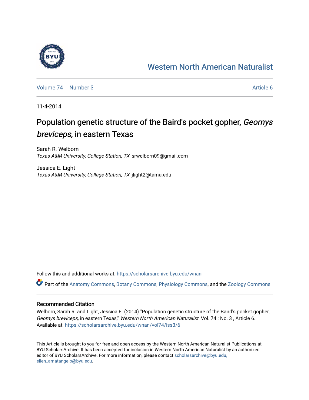 Population Genetic Structure of the Baird's Pocket Gopher, Geomys Breviceps, in Eastern Texas