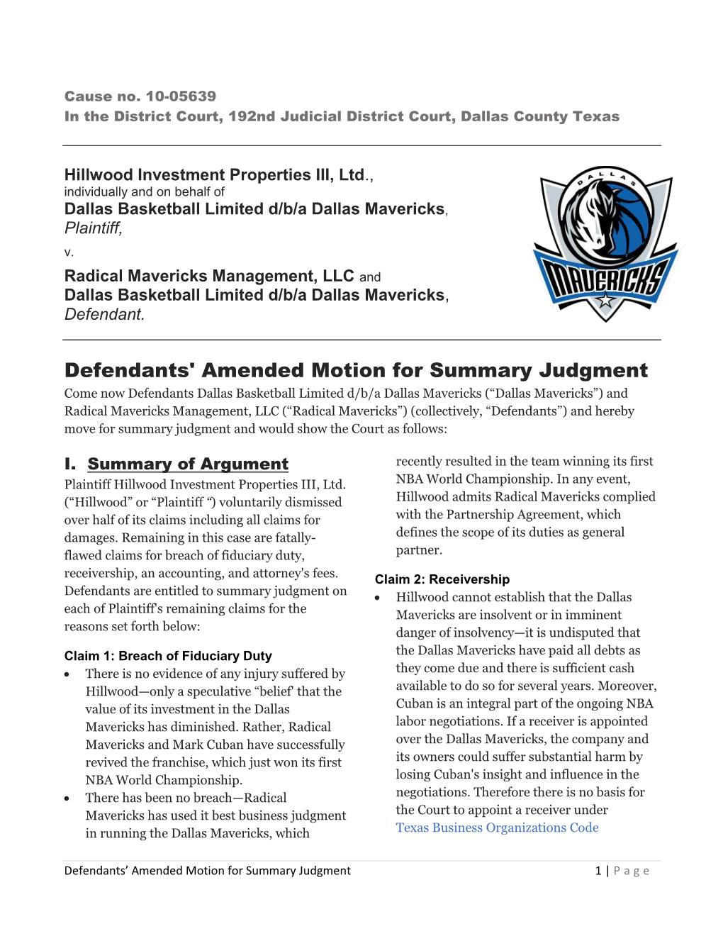 Defendants' Amended Motion for Summary Judgment