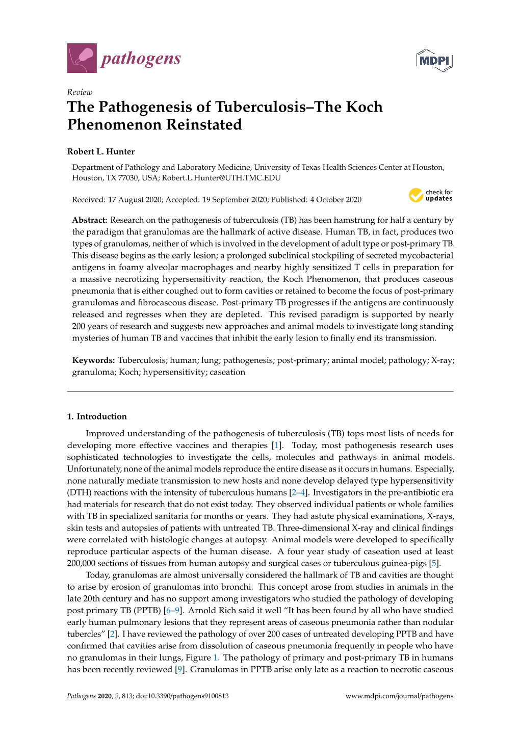 The Pathogenesis of Tuberculosis–The Koch Phenomenon Reinstated