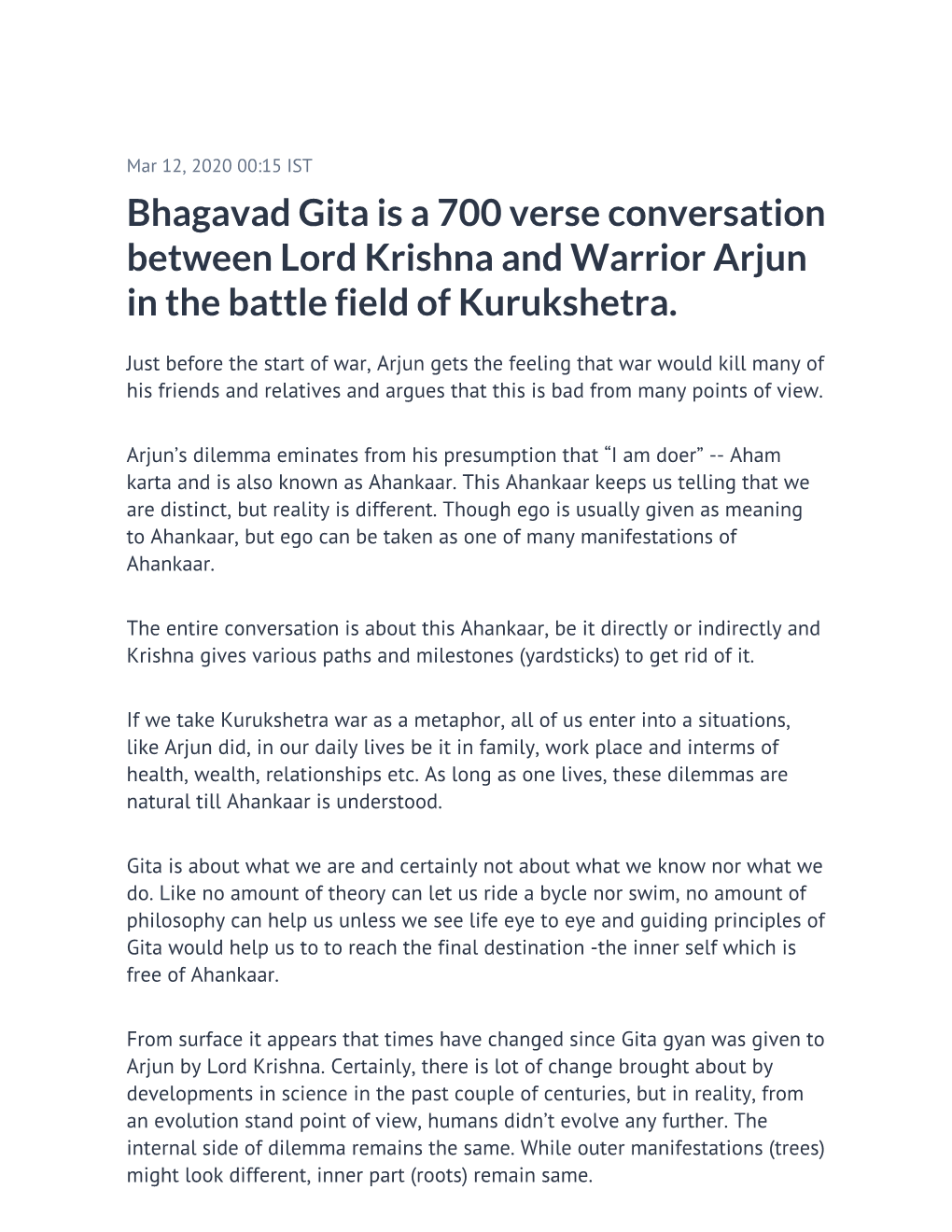 Bhagavad Gita Is a 700 Verse Conversation Between Lord Krishna and Warrior Arjun in the Battle Field of Kurukshetra