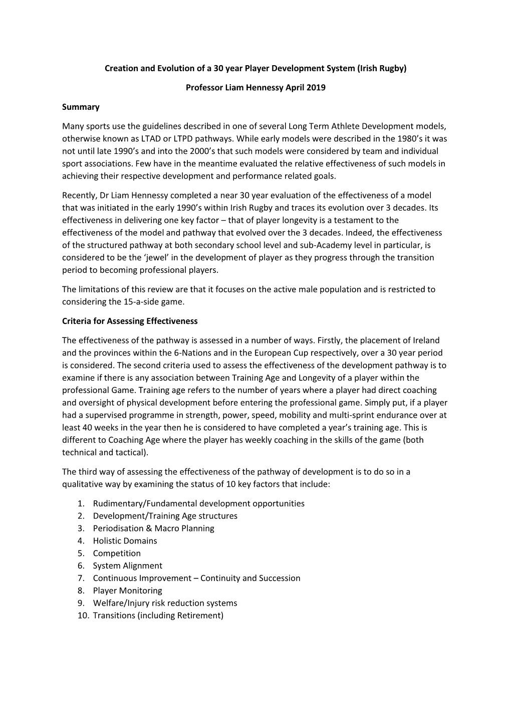 Creation and Evolution of a 30 Year Player Development System (Irish Rugby)