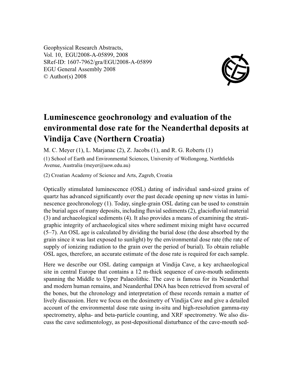 Luminescence Geochronology and Evaluation of the Environmental Dose Rate for the Neanderthal Deposits at Vindija Cave (Northern Croatia) M