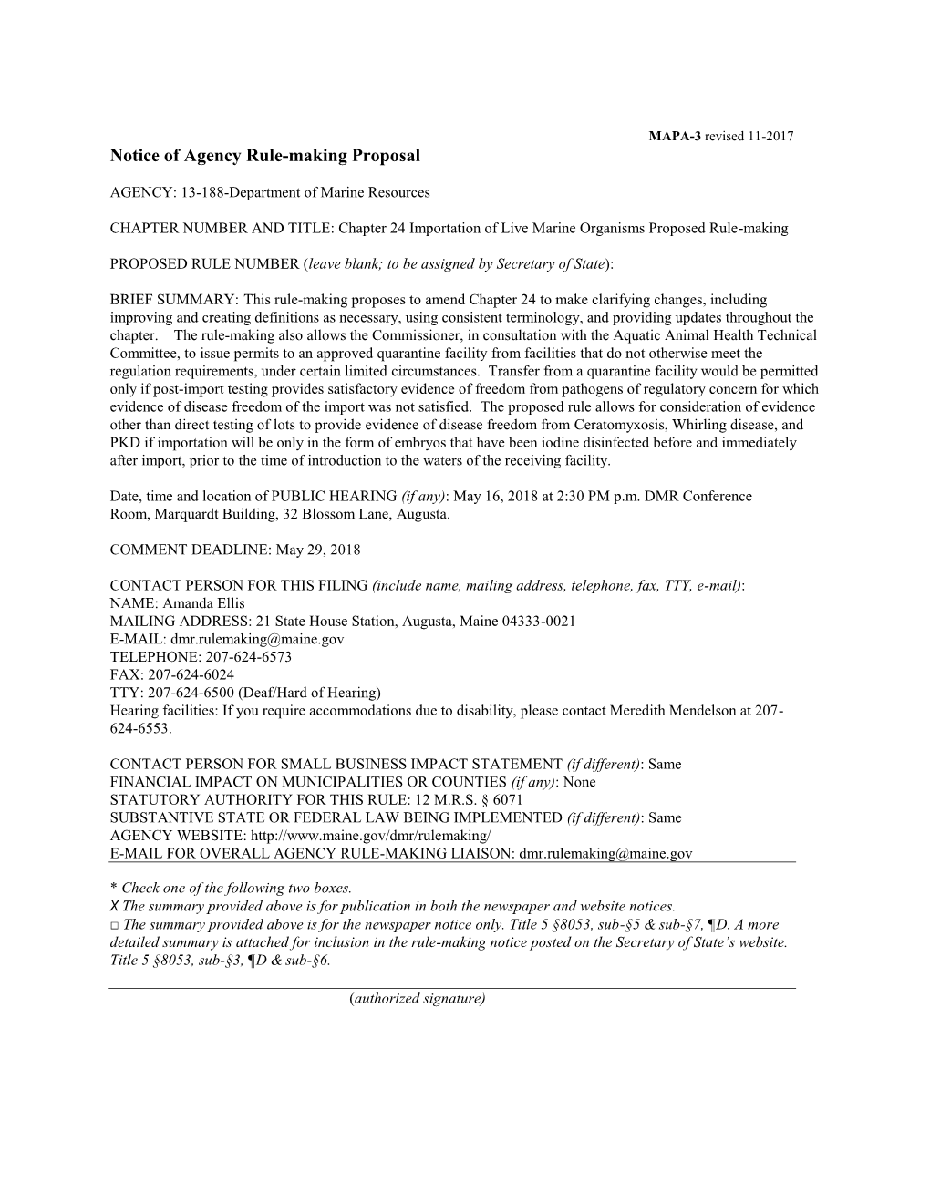 Notice of Agency Rulemaking Proposal – Chapter 24 Importation