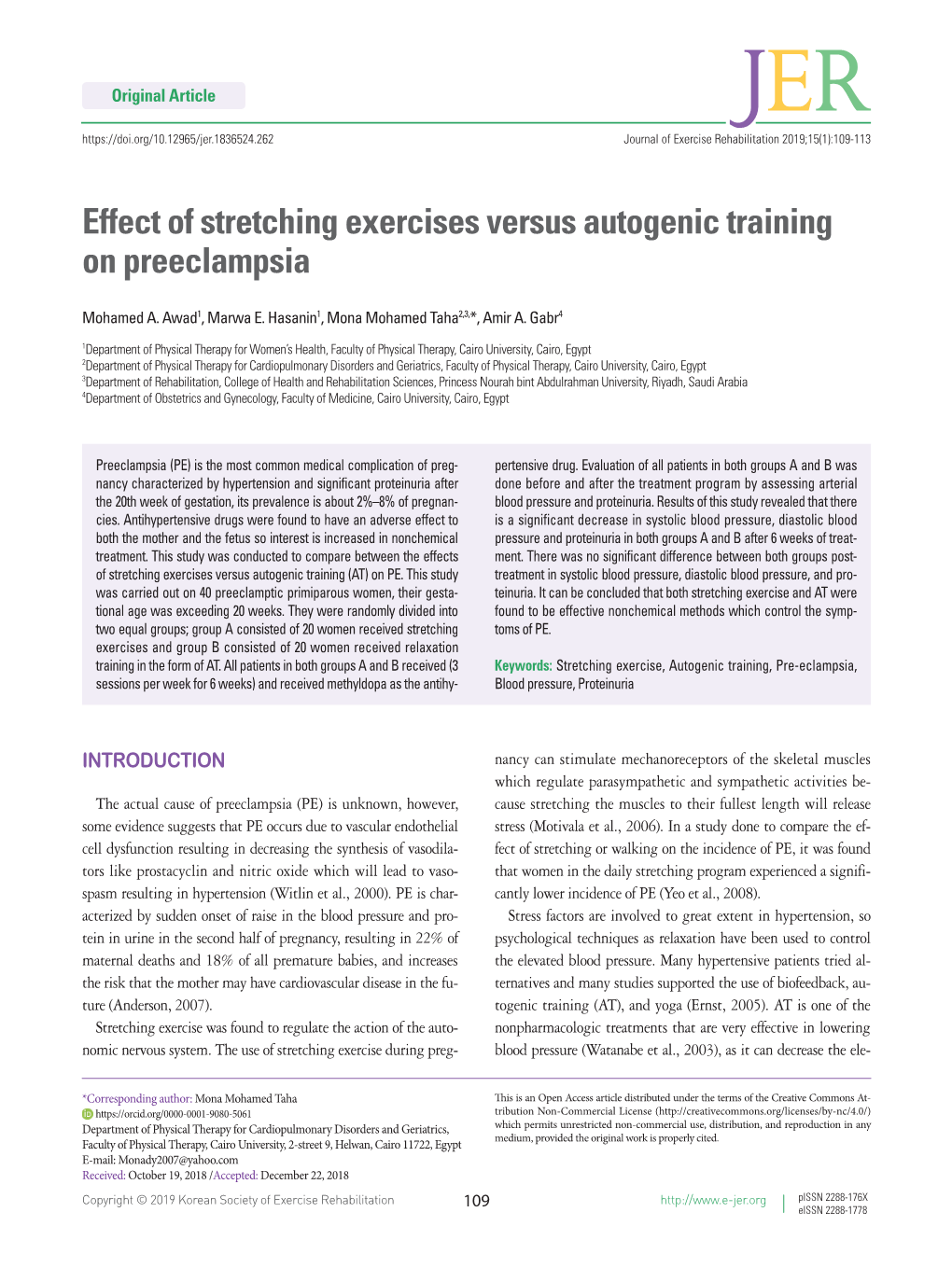 Effect of Stretching Exercises Versus Autogenic Training on Preeclampsia