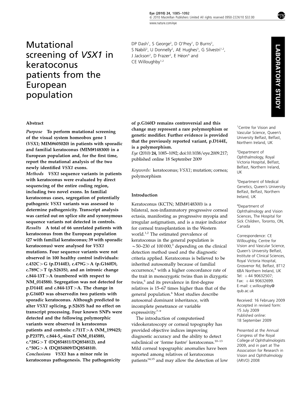 Mutational Screening of VSX1 in Keratoconus Patients from The