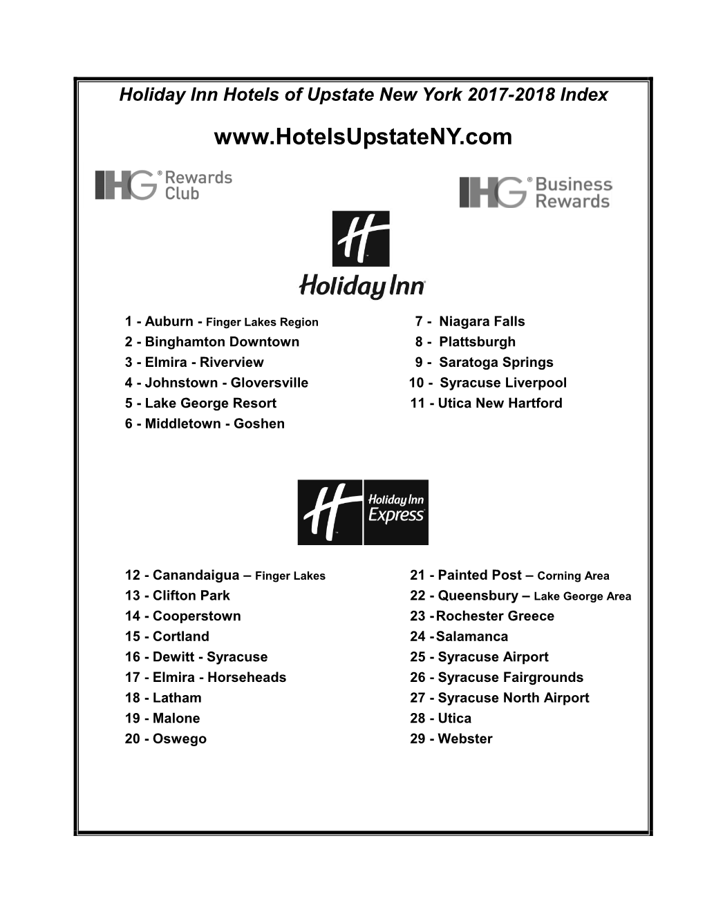 Holiday Inn Hotels of Upstate New York 2017-2018 Index